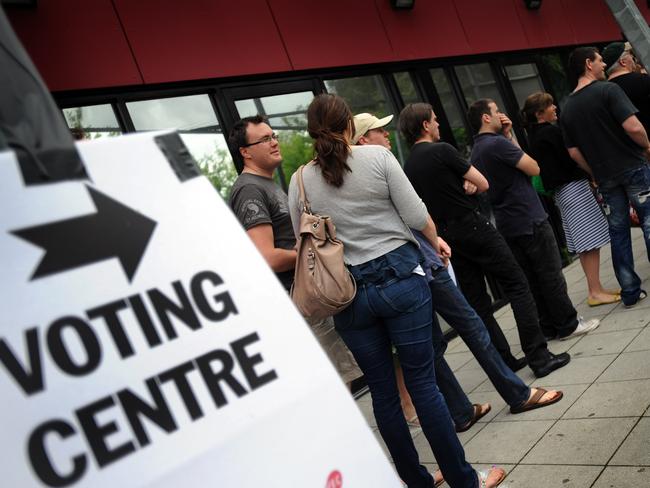 Voters line up outside the Prahran Community Centre in inner Melbourne. Picture: Joe Castro