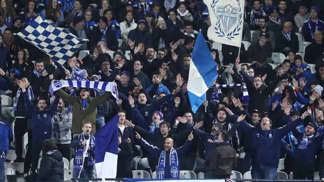 South Melbourne fans in full voice at Lakeside Stadium. Picture: Getty Images