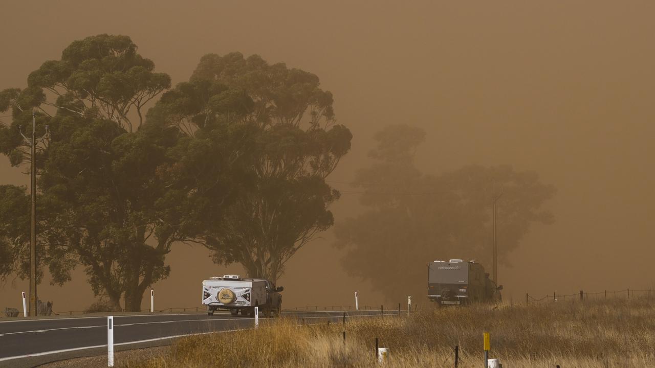 High winds blow up the dust causing poor visibility for drivers in SA’s Mid North on Monday. Picture: Mark Brake
