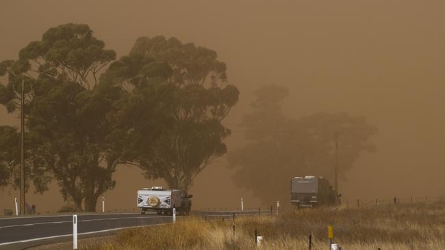 High winds blow up the dust causing poor visibility for drivers in SA’s Mid North on Monday. Picture: Mark Brake