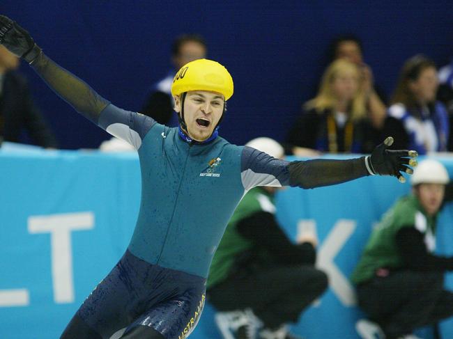 Last man standing: Steven Bradbury celebrates winning the gold medal in the men’s 1000m speed skating final during the 2002 Salt Lake City Winter Olympic Games.