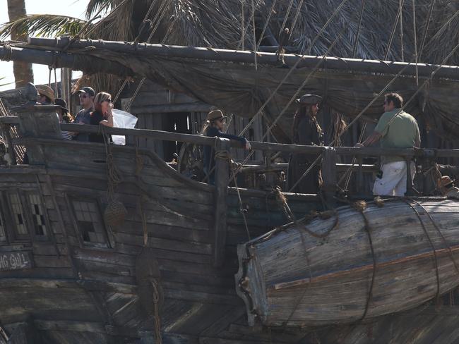 Hollywood superstar Johnny Depp on the deck of the ship during filming of Pirates of the Caribbean at the Doug Jennings Park on The Spit in Broadwater, Gold Coast. Picture: Regi Varghese