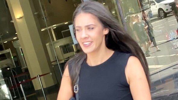 Sarah Virzi, 34, at Downing Centre Local Court after appearing on drug supply and crime proceeds charges in April 2023.