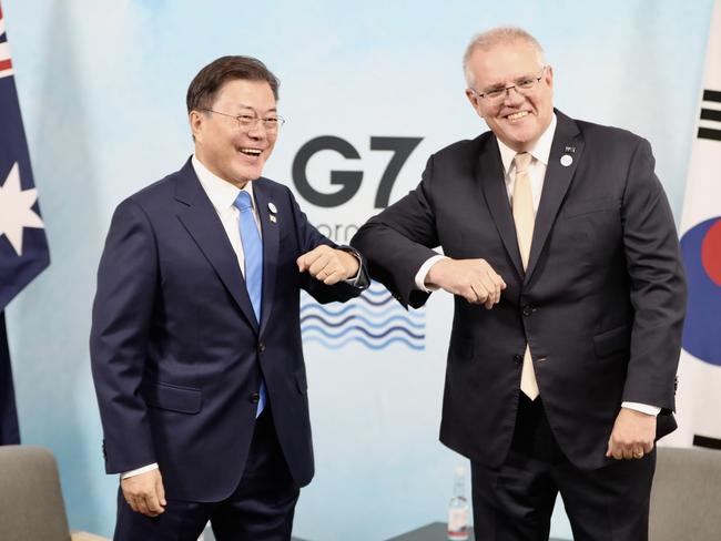 Australian Prime Minister Scott Morrison holds a bilateral meeting with President of the Republic of Korea President Moon Jae-In at the G7 in Cornwall. Picture: Adam Taylor/PMO