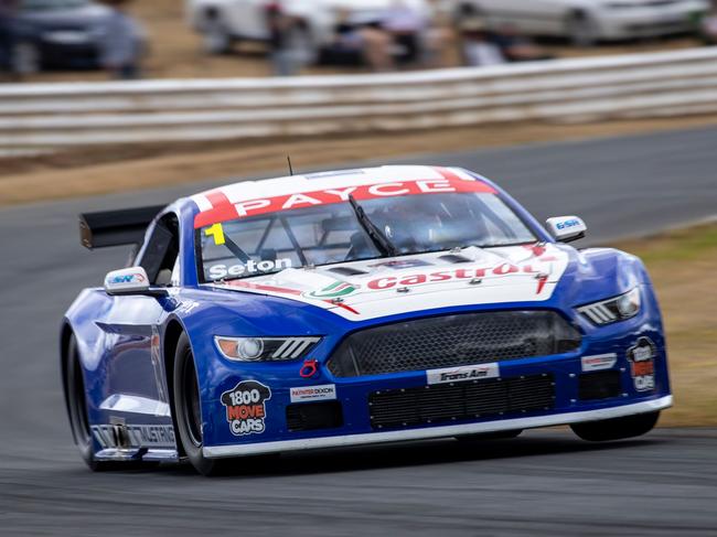 Victorian Aaron Seton on his way to victory in the Trans Am races at Baskerville Raceway Picture: Angryman Photography