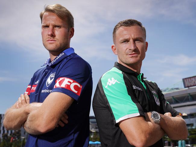 Ola Toivonen of Melbourne Victory (left) and Besart Berisha of Western United pose at Docklands during a press conference ahead of their Round 4 A-League match on Saturday, in Melbourne, Thursday, October 31, 2019. (AAP Image/Michael Dodge) NO ARCHIVING