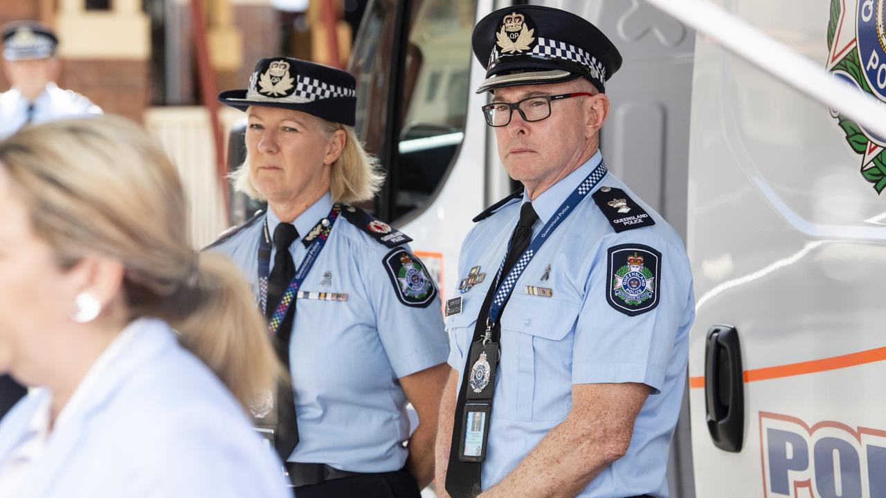 QPS Assistant Commissioner Charysse Pond and Superintendent Doug McDonald listen as Queensland Premier Annastacia Palaszczuk addresses media at the Toowoomba Police station, Friday, February 24, 2023. Picture: Kevin Farmer