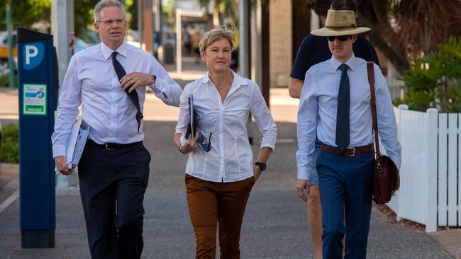 NT Children's Commissioner Colleen Gwynne outside the Darwin Local Court with lawyers Sean Bowden and Giles O’Brien-Hartcher.