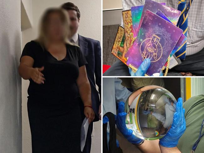 Tina Montana is arrested on Wednesday during a raid that resulted in police seizing items that included tarot cards and a crystal ball. Pictures: NSW Police