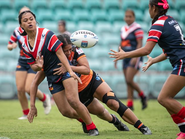 Roosters half Talea Tonga crossed for the match winner against the Tigers. Picture: Julian Andrews