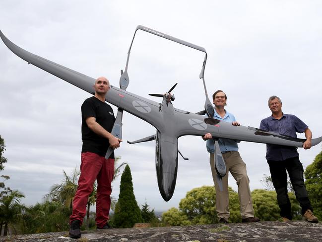 Drone company Carbonix  founder and CTO Dario Valenza, Flight control software specialist and leader of Ardupilot project, Andrew Trigell and Rural Fire Service (RFS) representative Rohan.