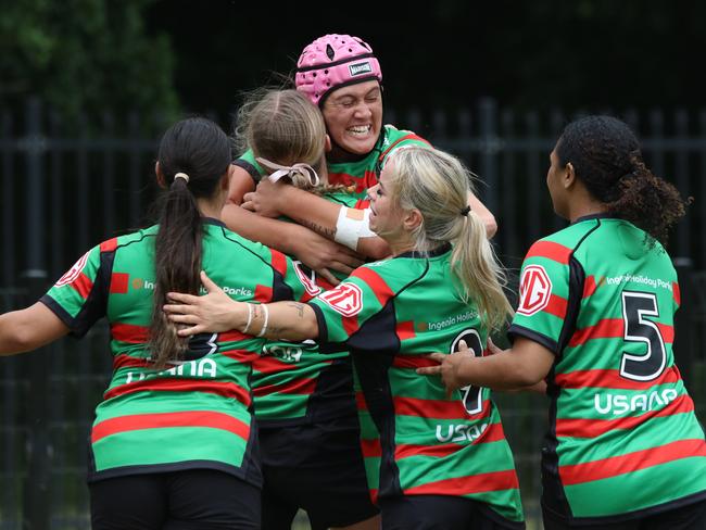 Rabbitohs celebrate a try in Tarsha Gale Cup. Photo: Warren Gannon Photography