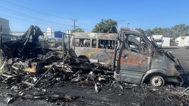 Emergency services were called to Network Car and Truck Rentals in Industrial Ave in Svensson Heights in Bundaberg just after 1.30am to reports three people had broken into a property, stolen a vehicle, and set another alight. Photo: James. Taylor