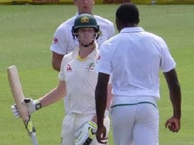 Kagiso Rabada confronts Steve Smith after getting him out.