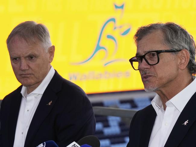 Les Kiss, right, comments after being named as the next head coach for Australian Rugby Wallabies as current head coach Joe Schmidt listens in Sydney, Australia, Wednesday, April 30, 2025. (AP Photo/Rick Rycroft)