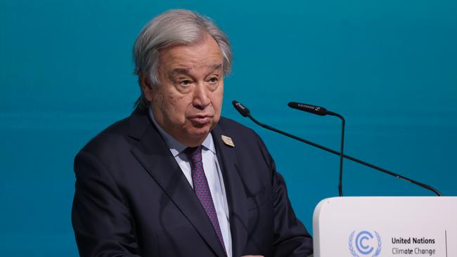 UN Secretary General Antonio Guterres speaks to the media at the COP29 conference.