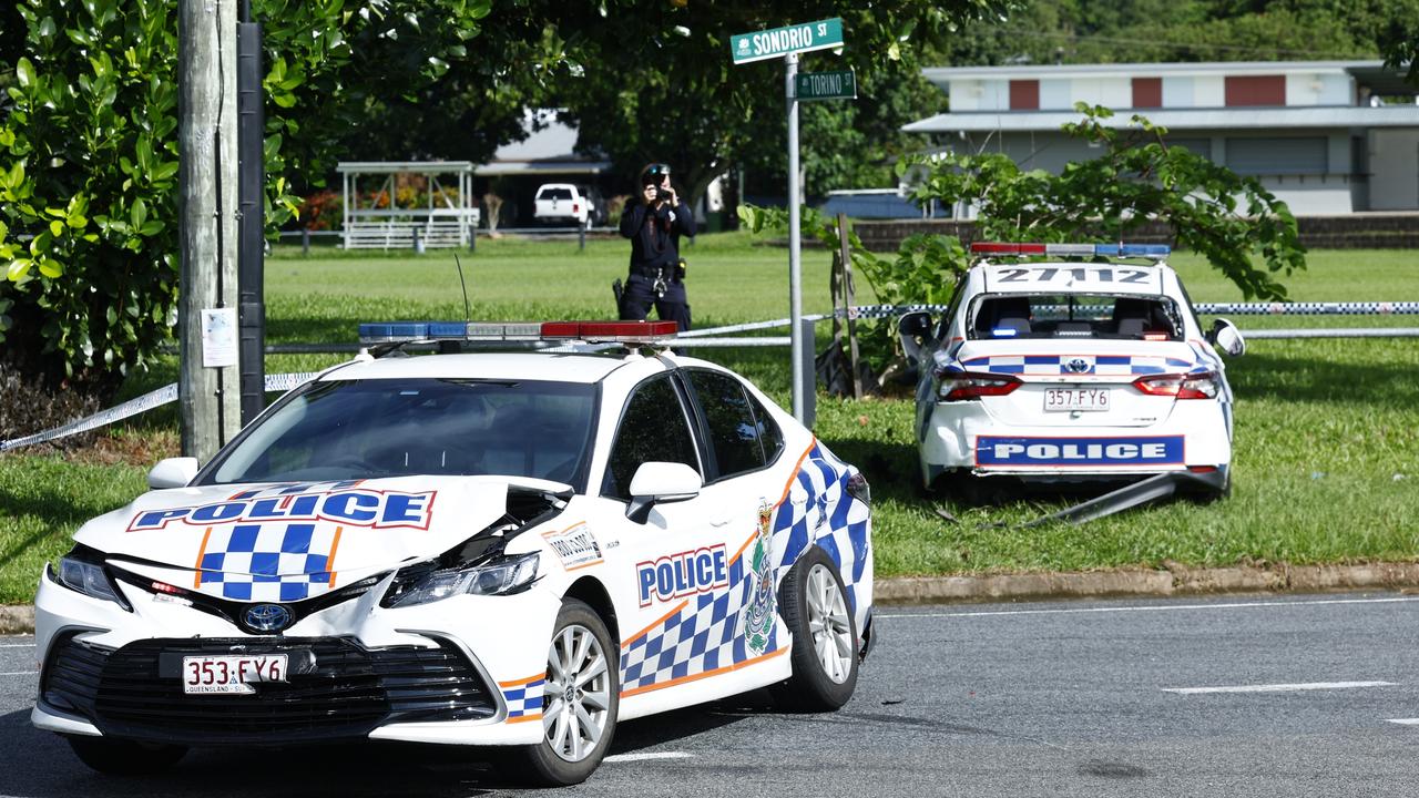 Police officers attended the scene of a car crash involving a stolen police and multiple other vehicles at the intersection of Torino and Sondrio Streets in Woree last month. Picture: Brendan Radke