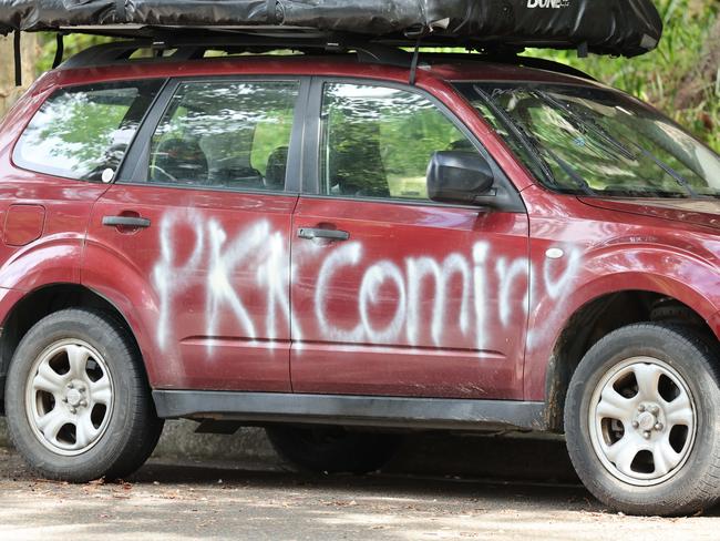 Politically charged graffiti on a car in Woollahra. Picture: Tim Hunter.