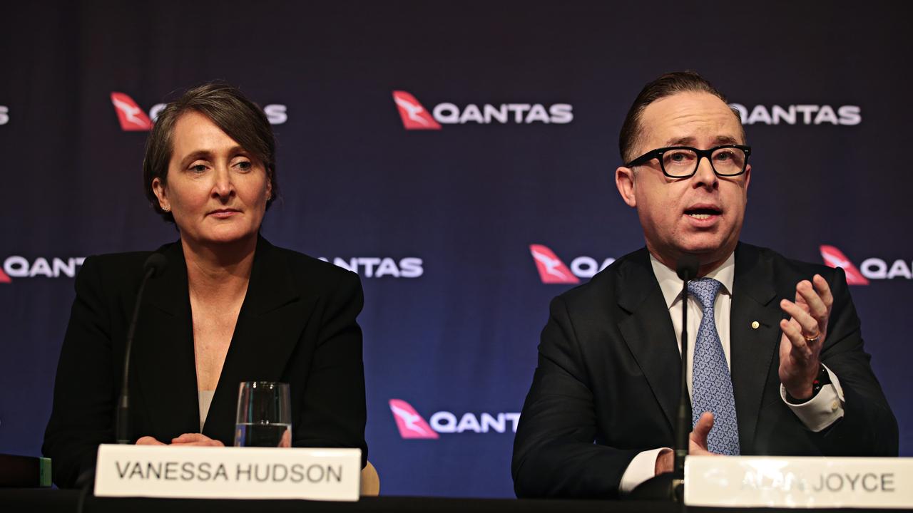 Qantas CFO Vanessa Hudson and Qantas CEO Alan Joyce announced changes to their flight network amid the coronavirus outbreak. Picture: Adam Yip