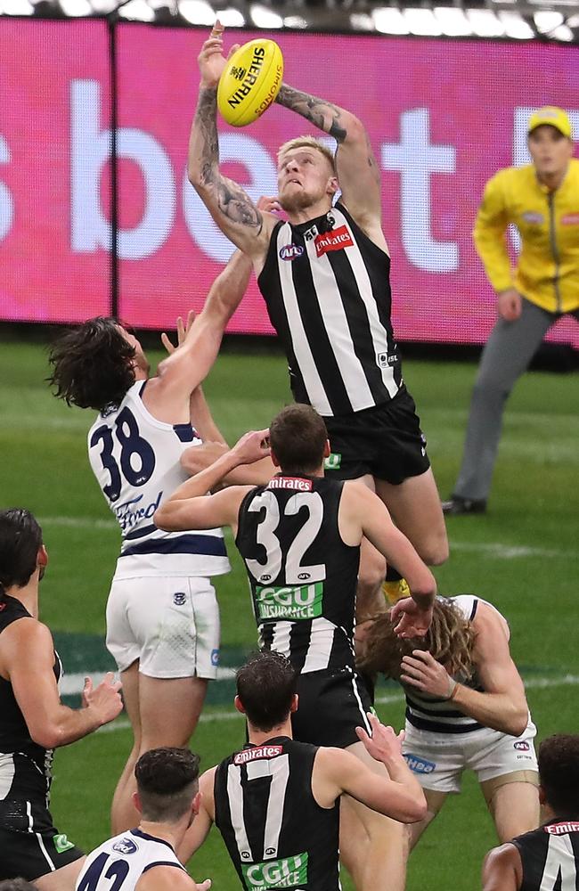 Jordan De Goey soared for the Pies, booting five goals. Picture: Getty Images