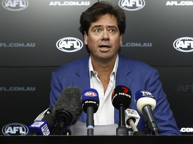 MELBOURNE, AUSTRALIA - MAY 30: AFL CEO Gillon McLachlan speaks to the media during a press conference at AFL House on May 30, 2023 in Melbourne, Australia. McLachlan spoke about the outcomes in relation to the Independent Panel Investigation into allegations of inappropriate conduct at the Hawthorn Hawks. (Photo by Darrian Traynor/Getty Images)