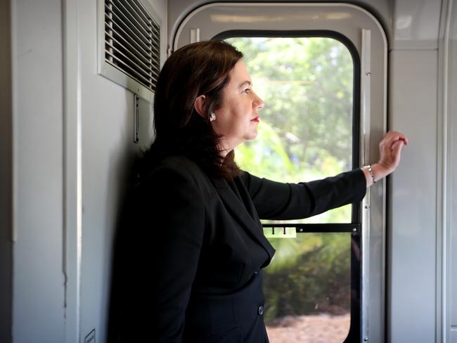 Premier Annastacia Palaszczuk rode the rails at Doomben station yesterday. Pic: Tara Croser