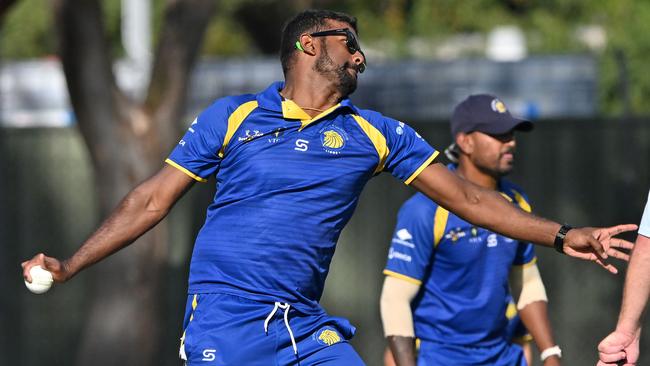 Deer ParkÃs Angelo Emmanuel during the VTCA grand final cricket match between Deer Park and St Francis de Sales in Deer Park, Saturday, March 19, 2022. Picture:Andy Brownbill