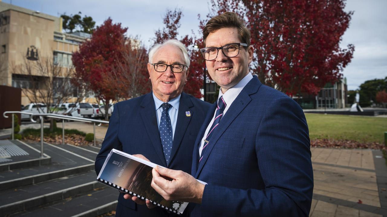 Mayor Paul Antonio (left) and deputy Mayor Geoff McDonald after delivering the Toowoomba Regional Council budget, Tuesday, June 6, 2023. Picture: Kevin Farmer