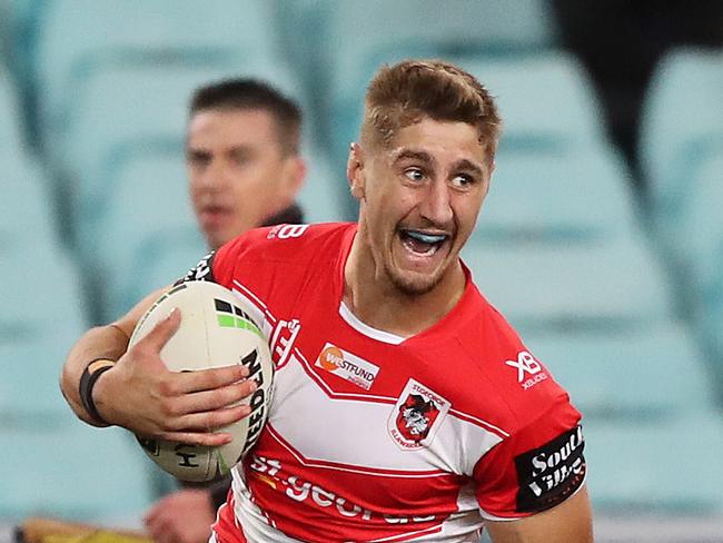 St George's Zach Lomax scores a try during the Bulldogs v St George NRL match at ANZ Stadium, Homebush. Picture: Brett Costello