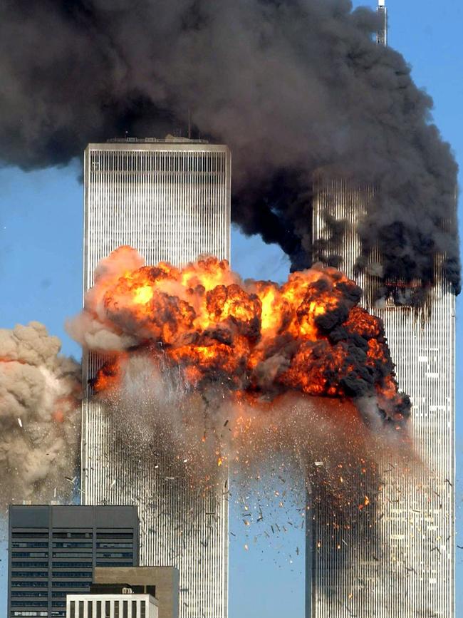 Hijacked United Airlines Flight 175 from Boston crashes into the south tower of the World Trade Center and explodes at 9:03 a.m. on September 11, 2001 in New York City.