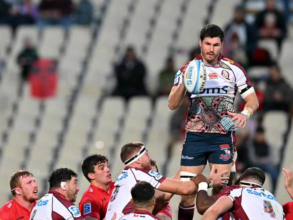 Reds skipper Liam Wright wins a lineout during Queensland’s victory over the Crusaders. Picture: Kai Schwoerer/Getty Images