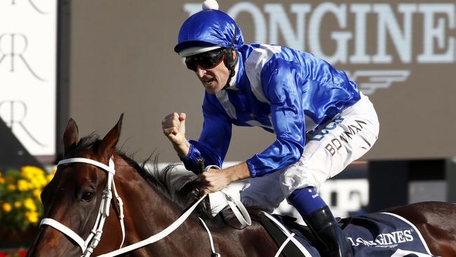 Jockey Hugh Bowman rides Winx to win race 7, the Longines Queen Elizabeth Stakes, during The Championships Day 2 — Longines Queen Elizabeth Stakes Day at Royal Randwick in Sydney, Saturday, April 14, 2018. (AAP Image/Daniel Munoz) NO ARCHIVING, EDITORIAL USE ONLY