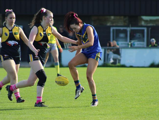 SFLW Community League - Action from Sorell v St Virgils during the annual Pink Sock-Carolyn Birch Memorial Match. Picture: Jake Garland