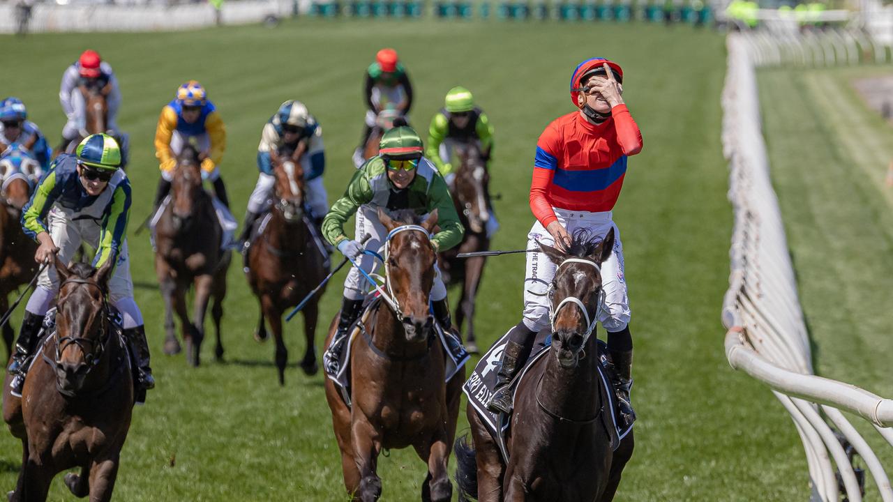 Verry Elleegant ridden by James McDonald wins the Melbourne Cup ahead of Incentivise (middle, green silks). Picture: Jason Edwards