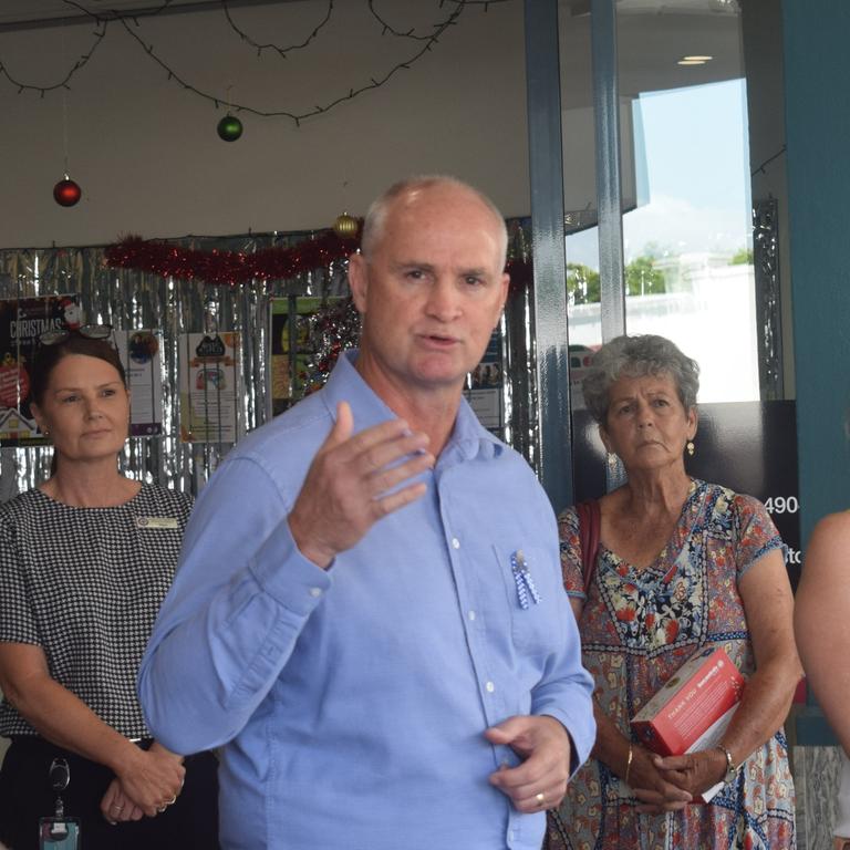 Gladstone MP, Glenn Butcher's addressed the crowd of more than 50 people and reiterated his commitment to restoring services. Picture: Nilsson Jones