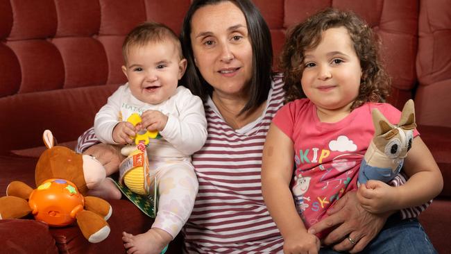 Mother of three Trish Faranda with Ylaria, 4, and baby Clara, 7 months. Picture: Tony Gough