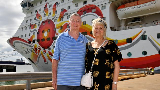 Passengers John and Rose Dunn boarded in Brisbane and will stay on the ship until Fiji, where they will fly back home. The pair just sold their house so decided to hop on a cruise while ‘homeless’. Mr Dunn said he’d visited Townsville when he was in the RAAF ‘many years ago. He used to fly in the old Lockheed P-2 Neptunes, and was interested in seeing the one on display outside the RAAF base. Picture: Evan Morgan