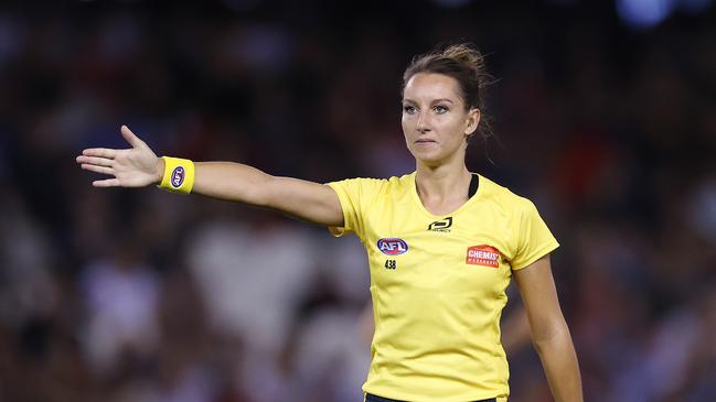 SA’s own Eleni Glouftsis has been a groundbreaking umpire in the AFL. Picture: Michael Klein