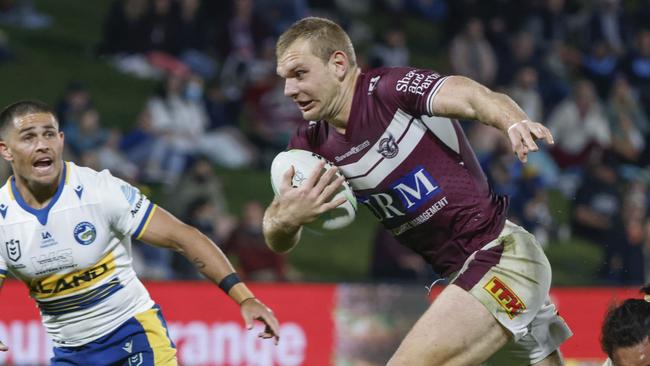 SUNSHINE COAST, AUSTRALIA - AUGUST 14: Tom Trbojevic of the Sea Eagles with the ball during the round 22 NRL match between the Manly Sea Eagles and the Parramatta Eels at Sunshine Coast Stadium, on August 14, 2021, in Sunshine Coast, Australia. (Photo by Glenn Hunt/Getty Images)