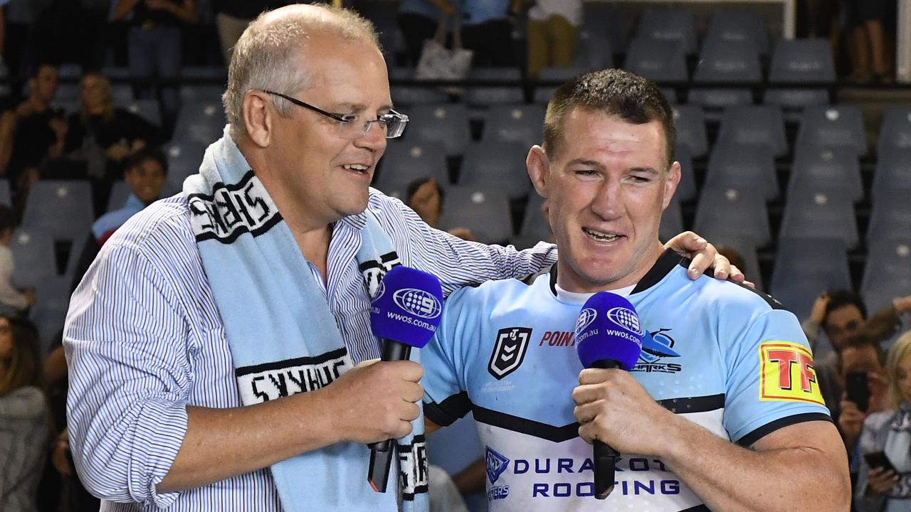 Prime Minister Scott Morrison joined Sharks captain Paul Gallen on Channel 9 after a 2019 NRL game. Photo: AAP Image/Dean Lewins.