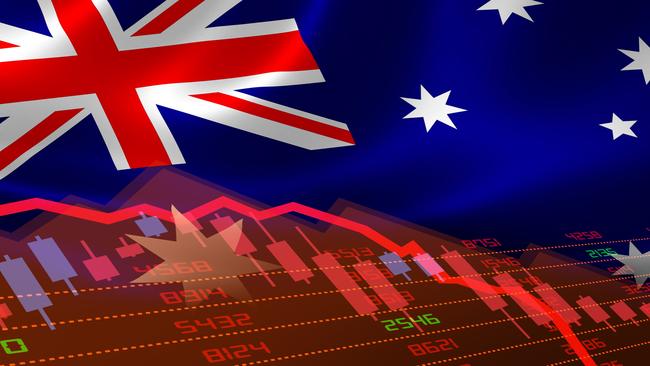 Australia economic downturn with stock exchange market showing stock chart down and in red negative territory. Business and financial money market crisis concept. Recession generic.