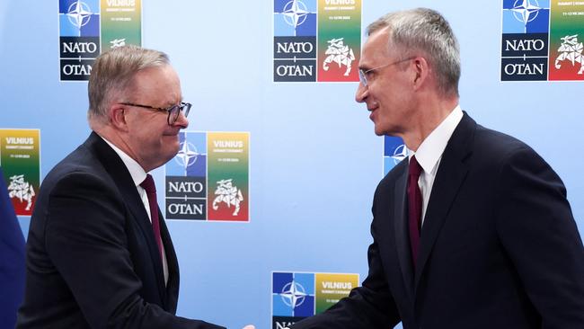 Prime Minister Anthony Albanese greets NATO secretary-general Jens Stoltenberg in Vilnius. Picture: Reuters