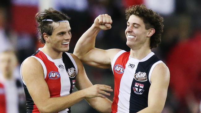 Nick Coffield celebrates a goal with fellow first-round draft pick Hunter Clark. Picture: Michael Dodge/Getty Images via AFL Photos.