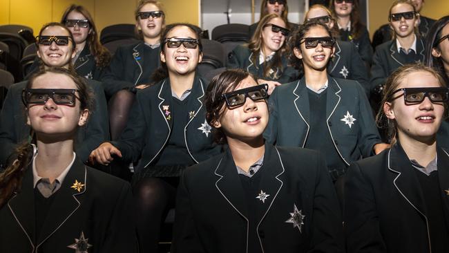 25,000th Astro Tour visitor to Swinburne University's Centre for Astrophysics and super computing will be in a Year 7 class from MLC. MLC students watch a space image presentation with 3d glasses. Picture: Sarah Matray