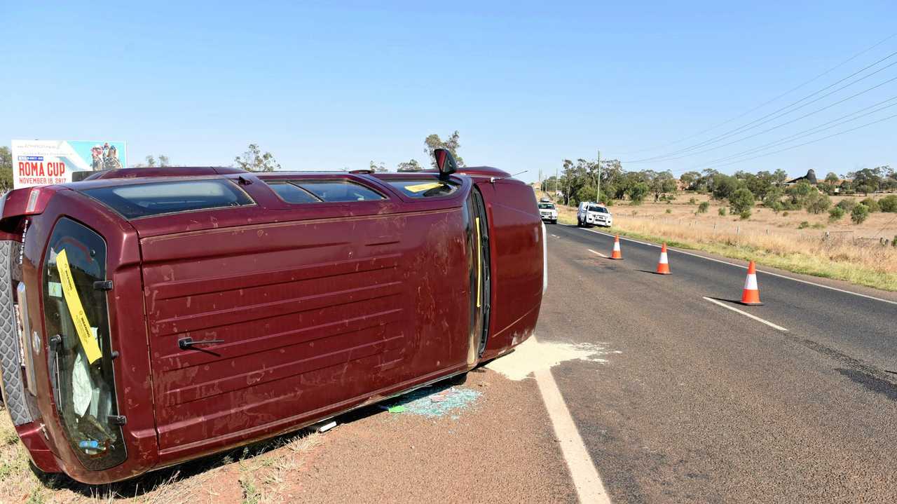 Two people have been transported to the Roma hospital with minor injuries following a vehicle rollover on the Warrego Hwy. Picture: Alexia Austin