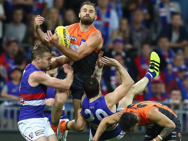 Joel Patfull crashes the pack during the elimination final loss to the Bulldogs.