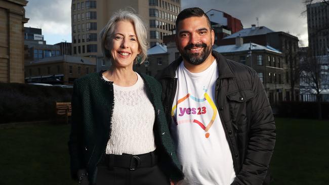 Dr Rosalie Woodruff acting leader of the Tasmanian Greens with YES23 campaign director Dean Parkin in Hobart for Voice blitz. Picture: Nikki Davis-Jones