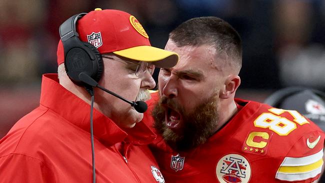 Travis Kelce screams in the face of Chiefs coach Andy Reid. Photo: Jamie Squire/Getty Images/AFP.