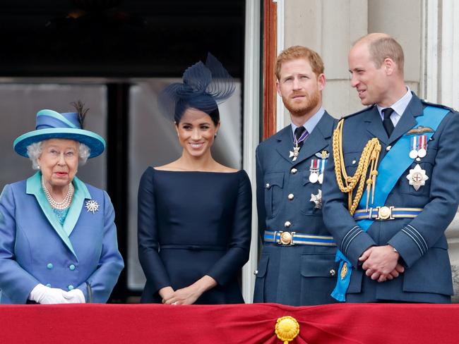 Queen Elizabeth II, Meghan Markle, Prince Harry, Prince William, Duke of Cambridge and Catherine, Duchess of Cambridge in 2018. Picture: Max Mumby