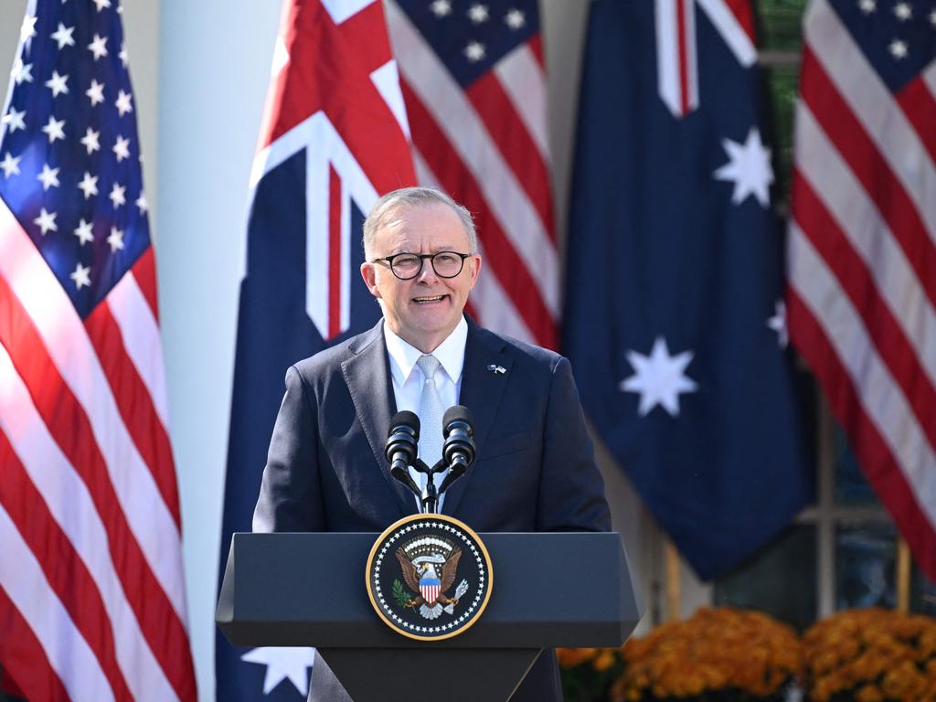 Anthony Albanese during a joint press conference with US President Joe Biden in the Rose Garden of the White House in Washington, DC. Picture: AFP